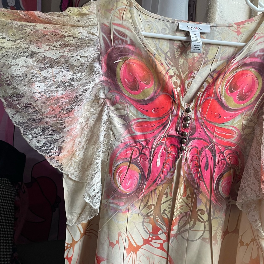 Womens Style & Co beautiful boho butterfly print lace sleeve top - Picture 5 of 15